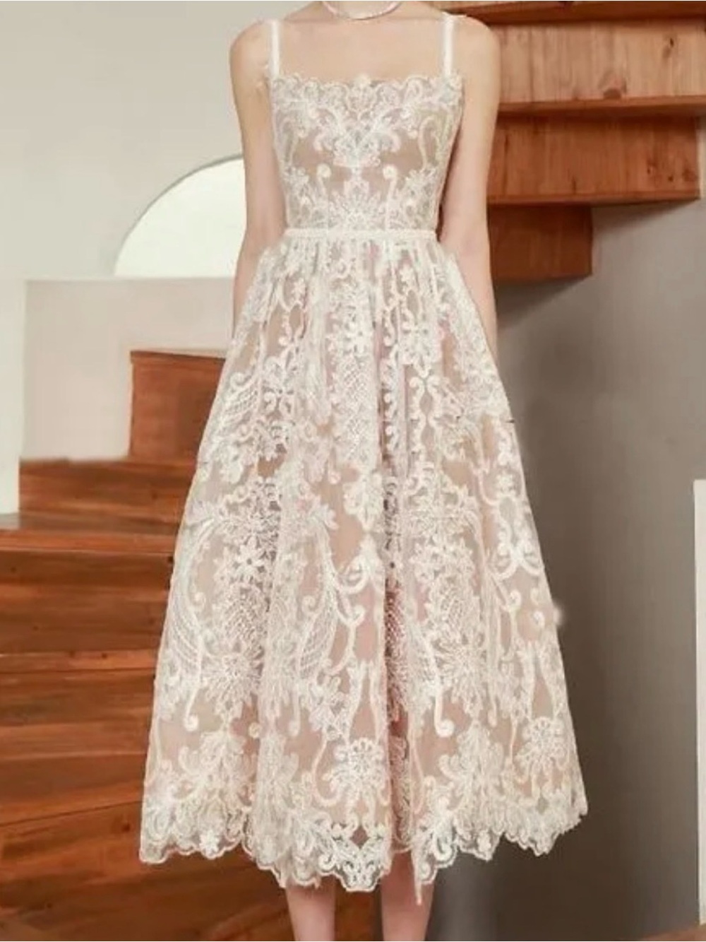 Bronx and Banco Nude and White Lace Midi Dress - Picture 2 of 8